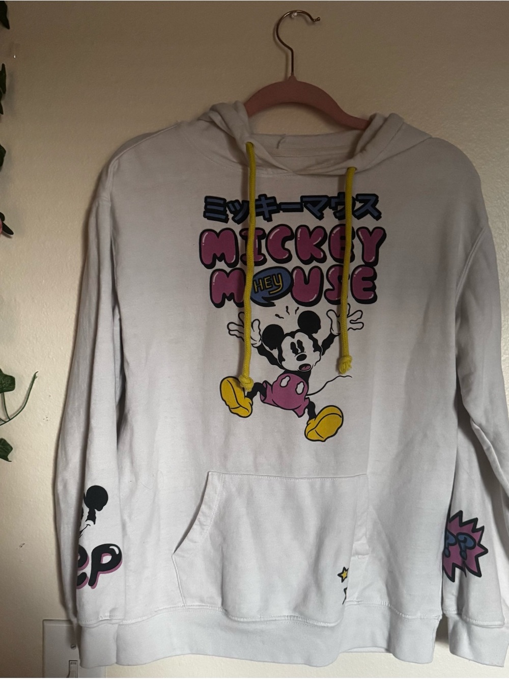 Mickey Mouse White Graphic Hoodie with Yellow Drawstrings